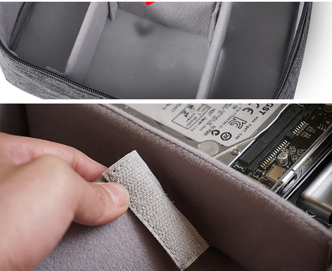 Open travel cable bag showing organized USB cables and small electronics.
