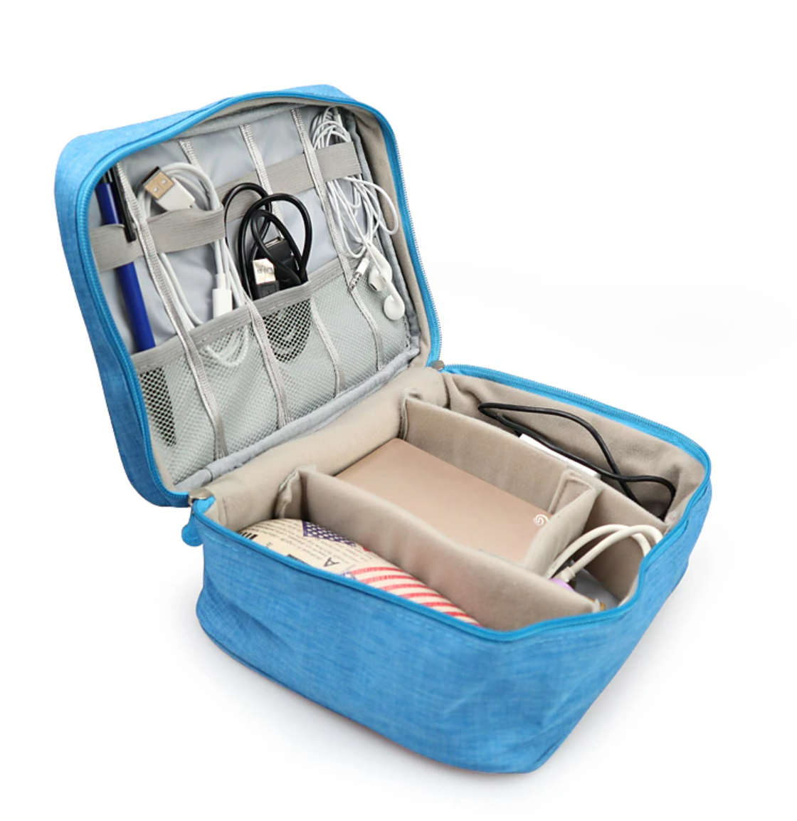Travel cable bag filled with chargers, power bank, and headphones.