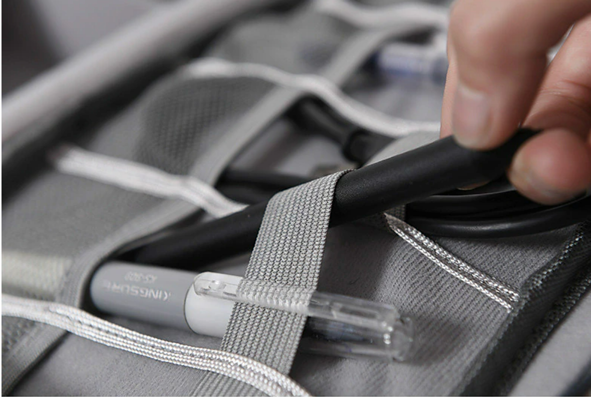 Travel cable bag with a smartphone and other tech items.