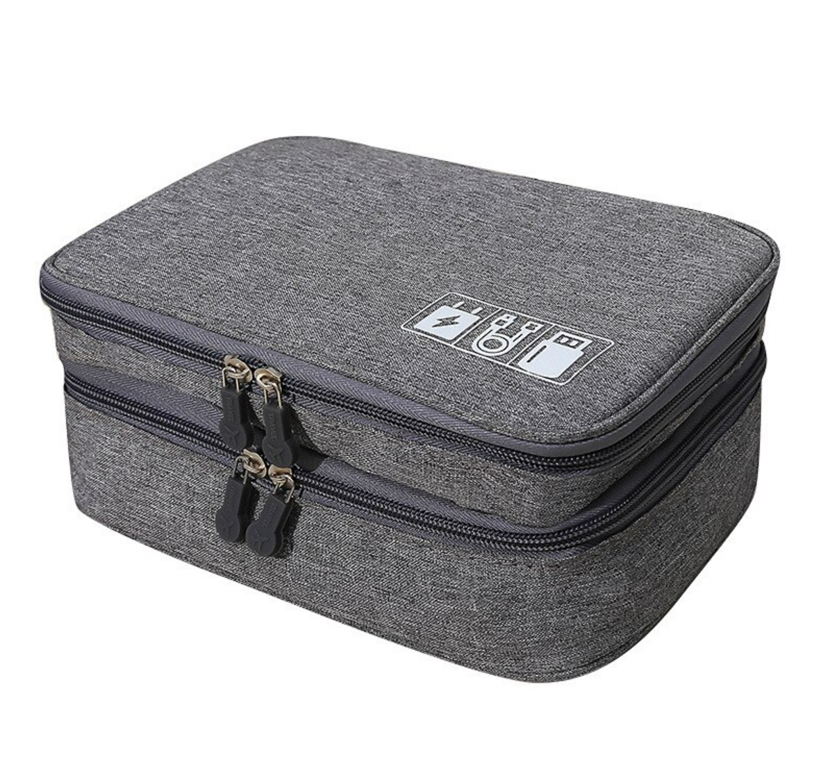 Partially open double-layer digital bag revealing organized cables and devices.