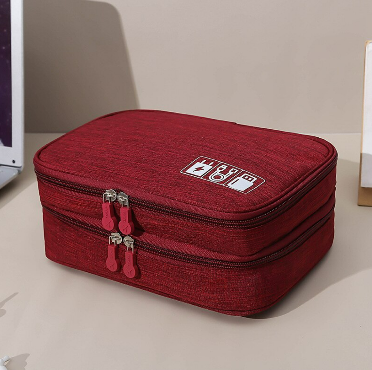 Top view of the travel electronics pouch with zipper closure.