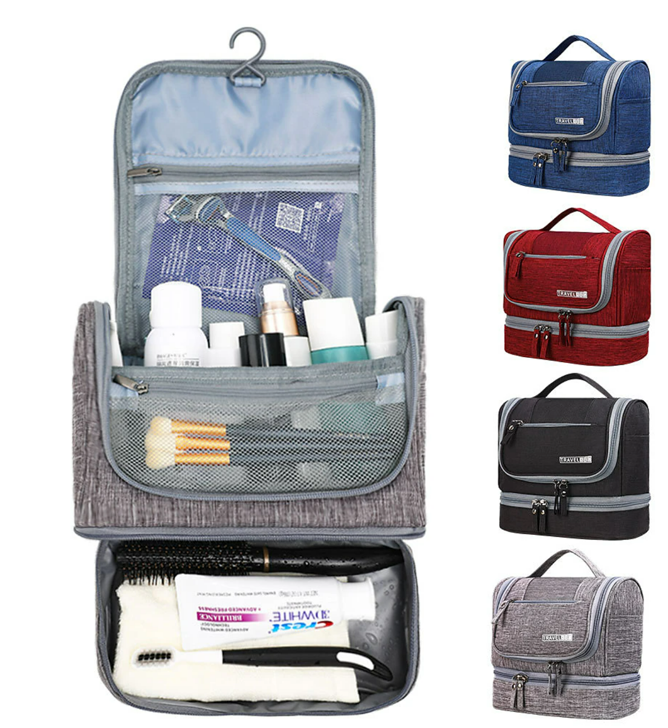 Closed portable travel wash bag with handle.