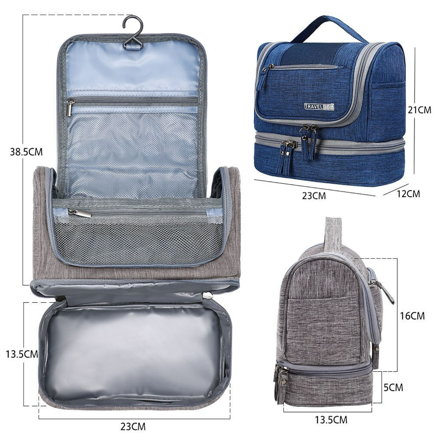 Open travel wash bag showing multiple compartments.