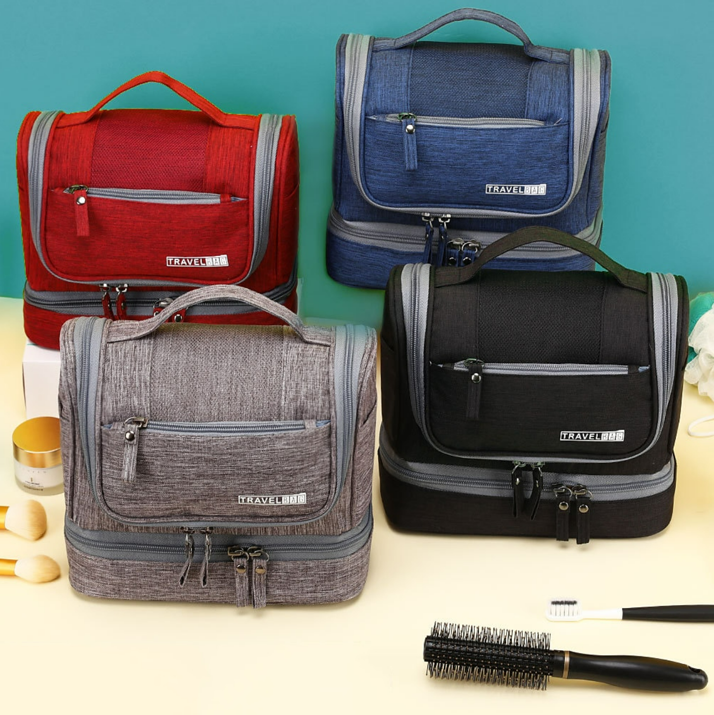 Travel wash bag with dry wet separation pockets.