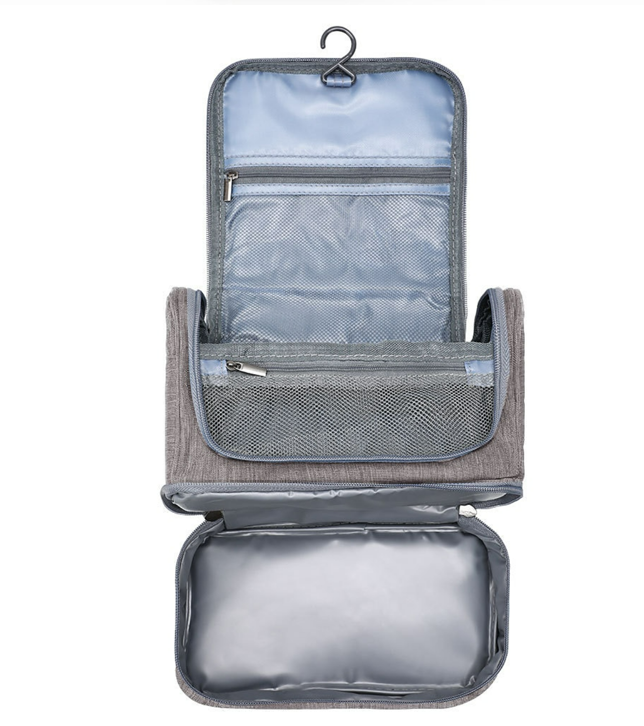 Portable hanging toiletry bag with hook.