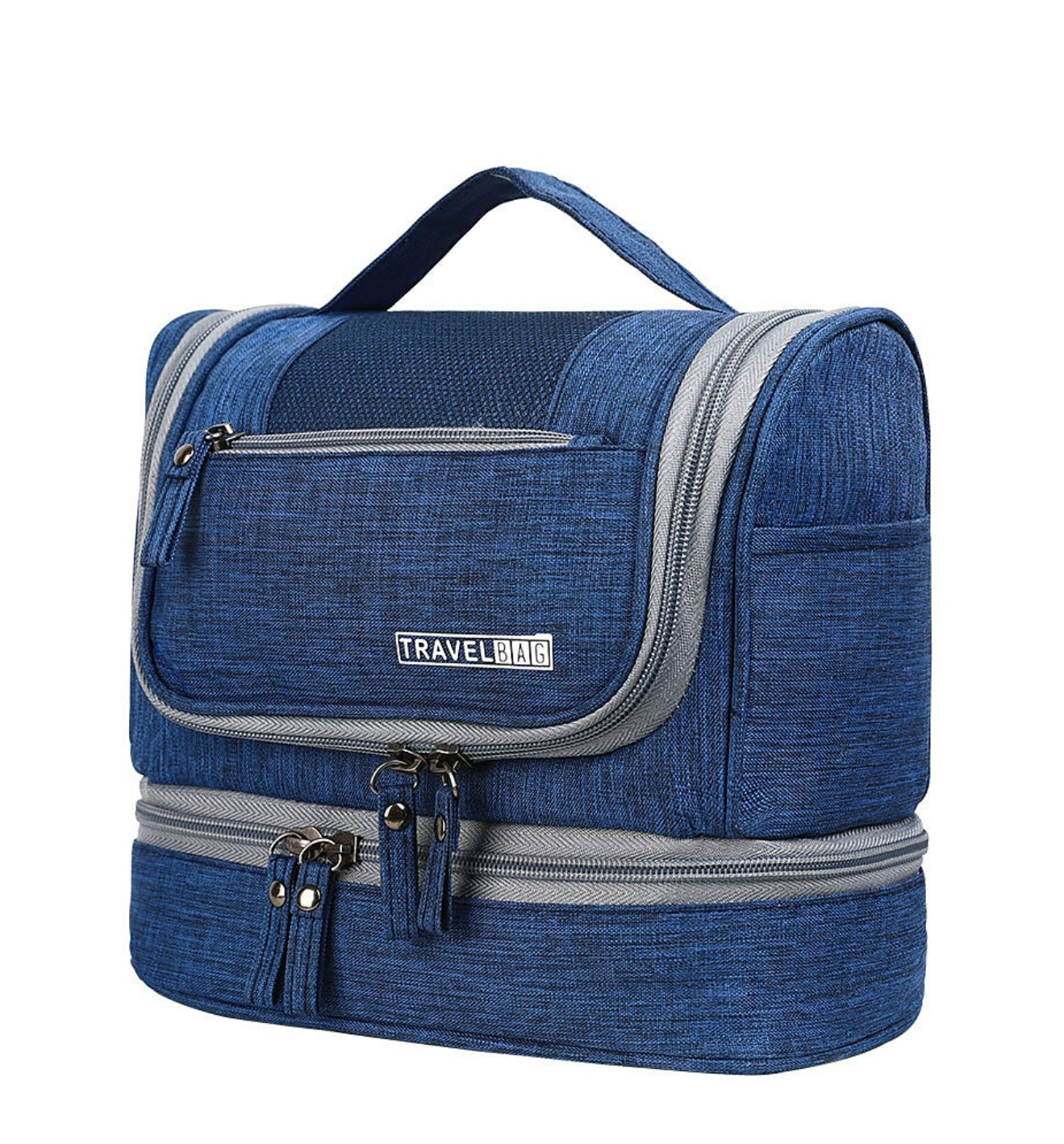 Travel bag with toiletries and cosmetics inside.