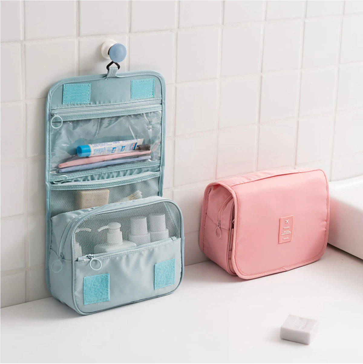 Waterproof twill hook wash bag.