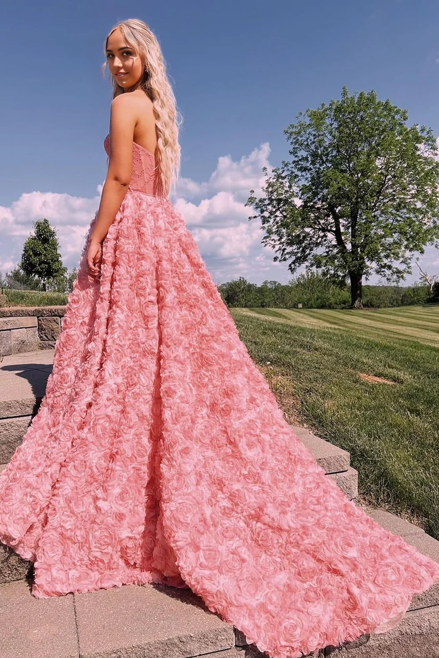 Close-up of the delicate 3D floral lace embellishments on the pink ball gown.