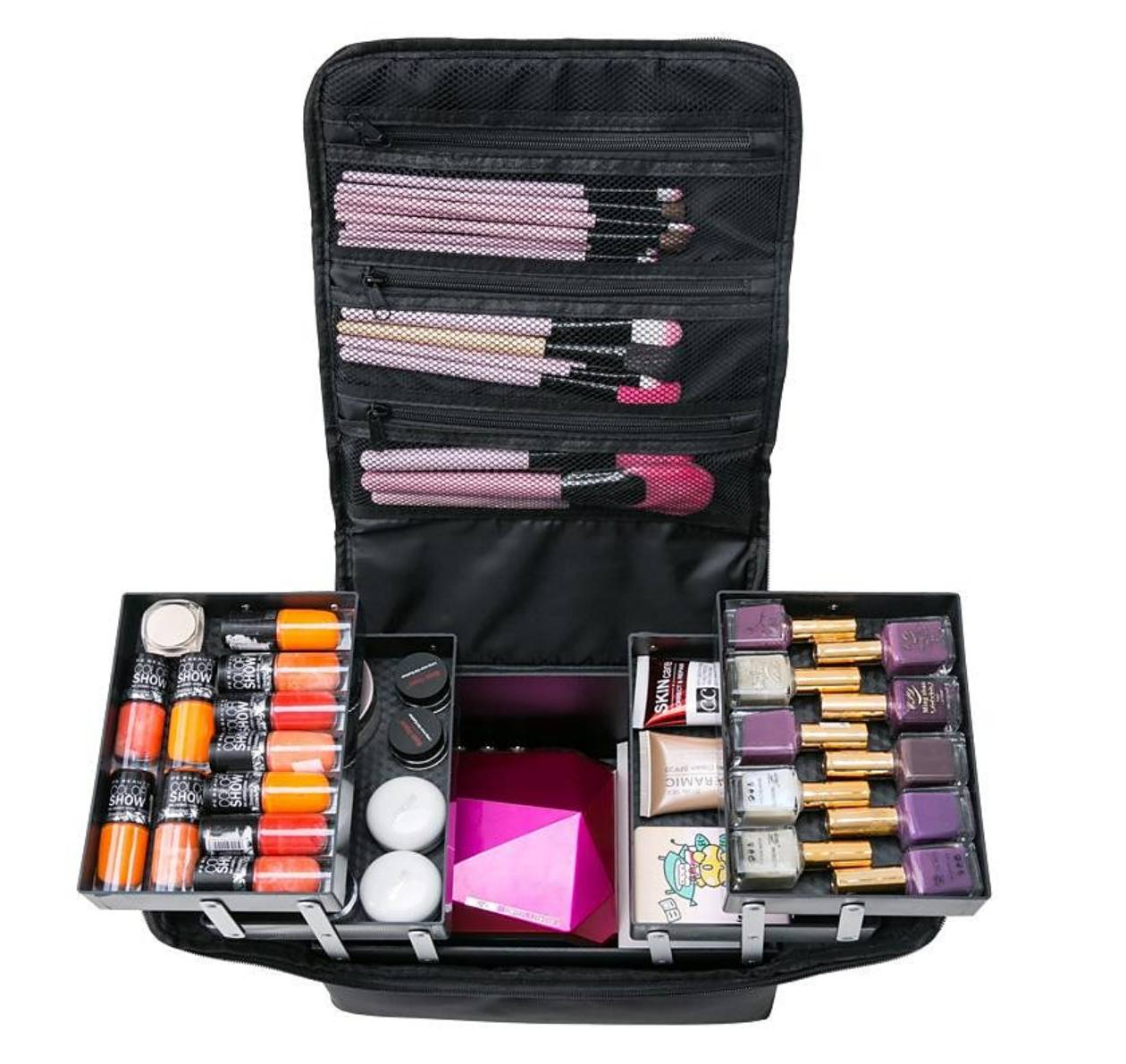 Open multi-layer cosmetic storage case with compartments.