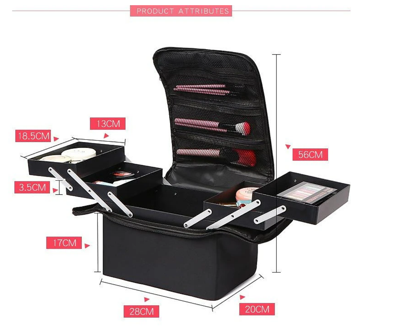 Large portable beauty toolbox, open with various trays.