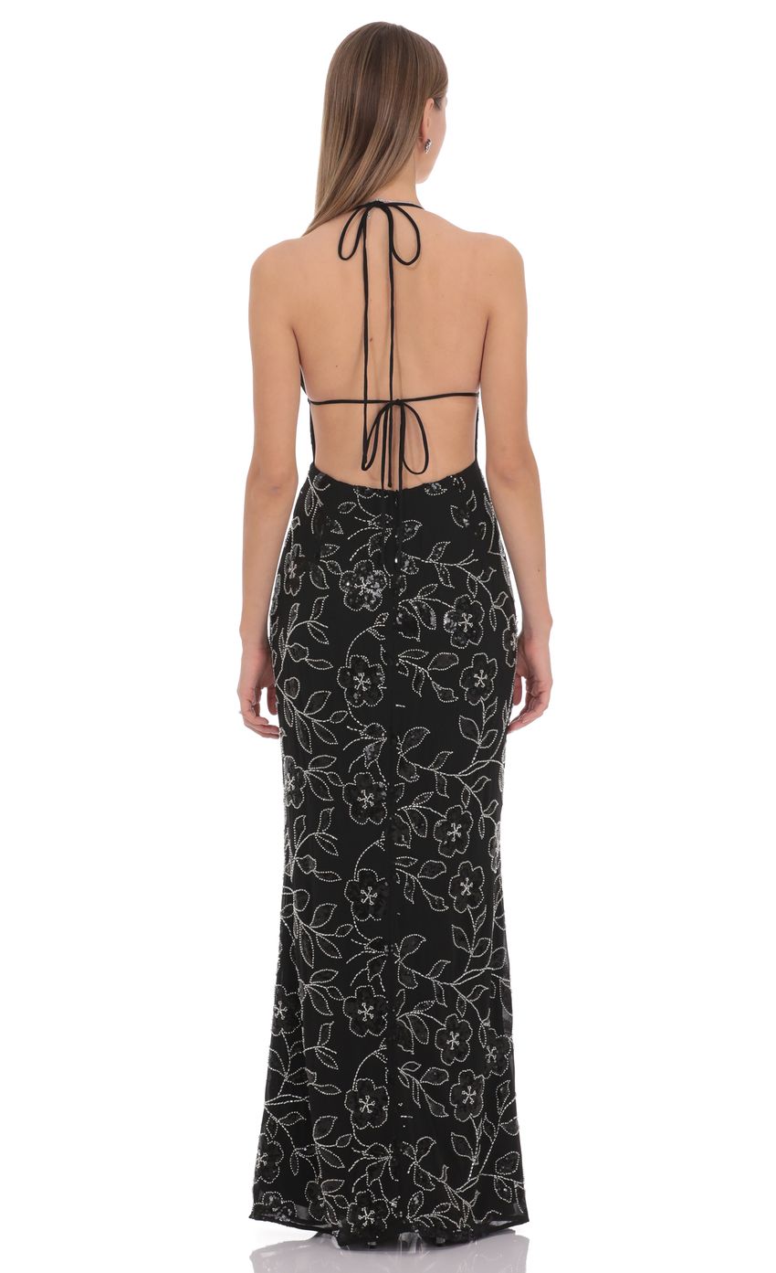 Prom Dress Black Halter Neck Maxi Dress With Plunge V Neck Floral Beaded Embroidery Open Back Formal Evening Party Gown