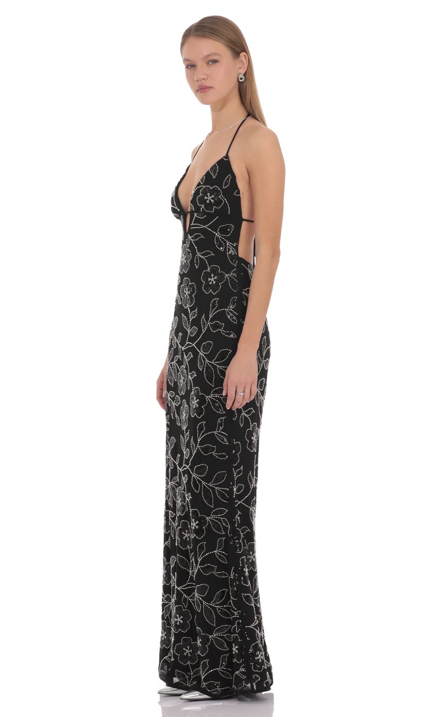 Prom Dress Black Halter Neck Maxi Dress With Plunge V Neck Floral Beaded Embroidery Open Back Formal Evening Party Gown