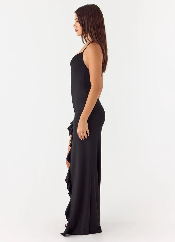 Prom Dress Black Halter Neck Maxi Dress With Ruched Bodice High Slit Ruffle Trim Open Back Formal Evening Party Gown