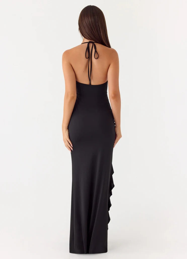 Prom Dress Black Halter Neck Maxi Dress With Ruched Bodice High Slit Ruffle Trim Open Back Formal Evening Party Gown