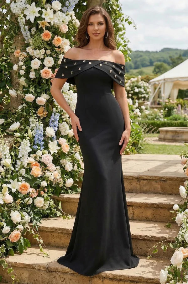 Prom Dress Black Off Shoulder Mermaid Maxi Dress With Floral Embellished Neckline Formal Evening Party Gown