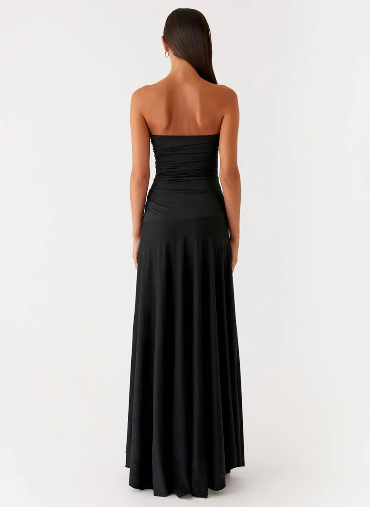 Prom Dress Black Strapless Maxi Dress With Ruched Sweetheart Bodice Flowy Chiffon Skirt Formal Evening Party Gown