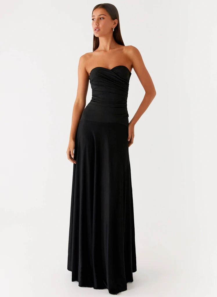 Prom Dress Black Strapless Maxi Dress With Ruched Sweetheart Bodice Flowy Chiffon Skirt Formal Evening Party Gown