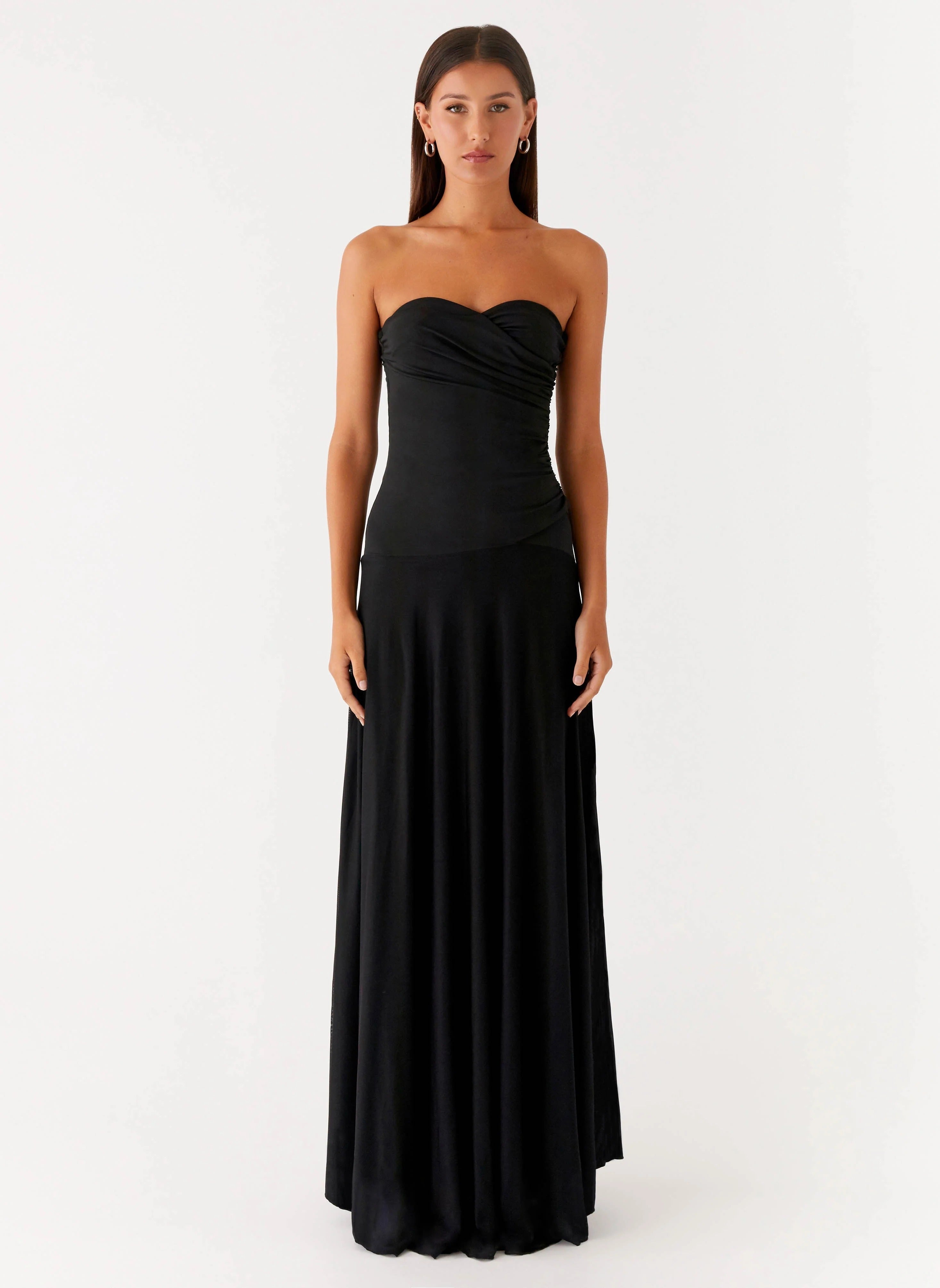 Prom Dress Black Strapless Maxi Dress With Ruched Sweetheart Bodice Flowy Chiffon Skirt Formal Evening Party Gown