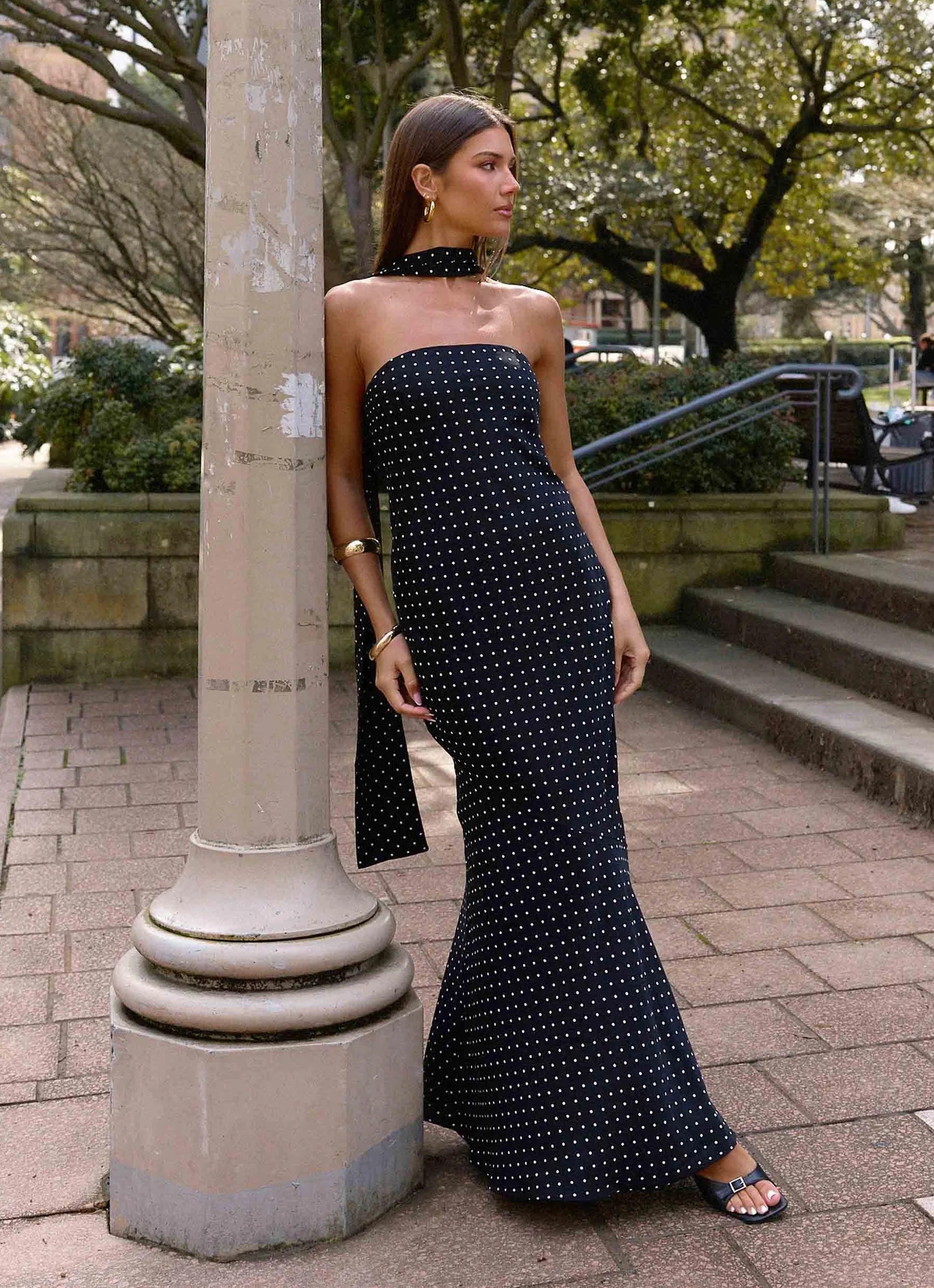 Prom Dress Black Strapless Polka Dot Maxi Dress With Choker Scarf Detail Open Back Formal Evening Party Gown