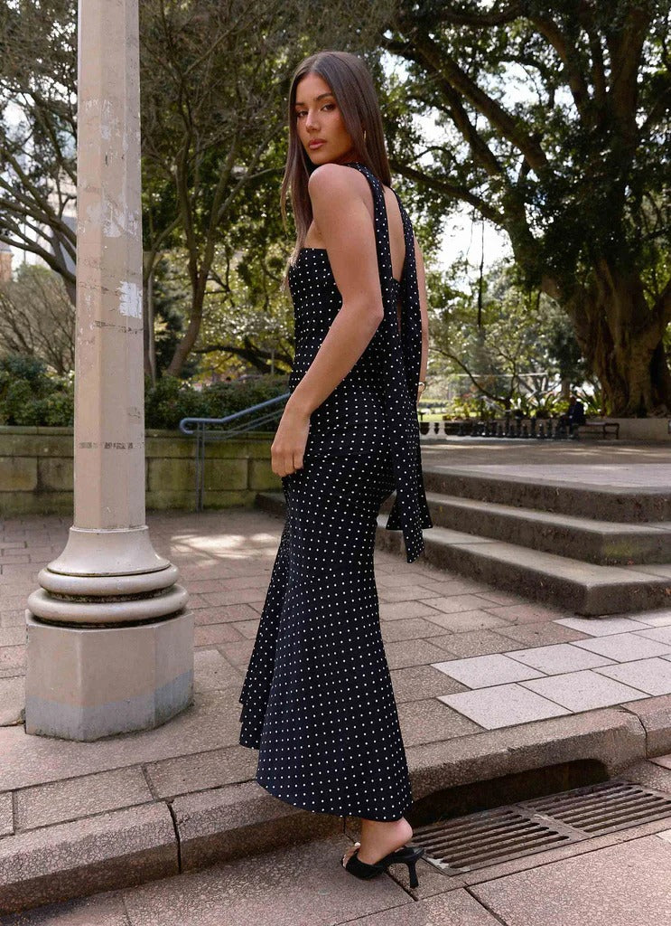 Prom Dress Black Strapless Polka Dot Maxi Dress With Choker Scarf Detail Open Back Formal Evening Party Gown