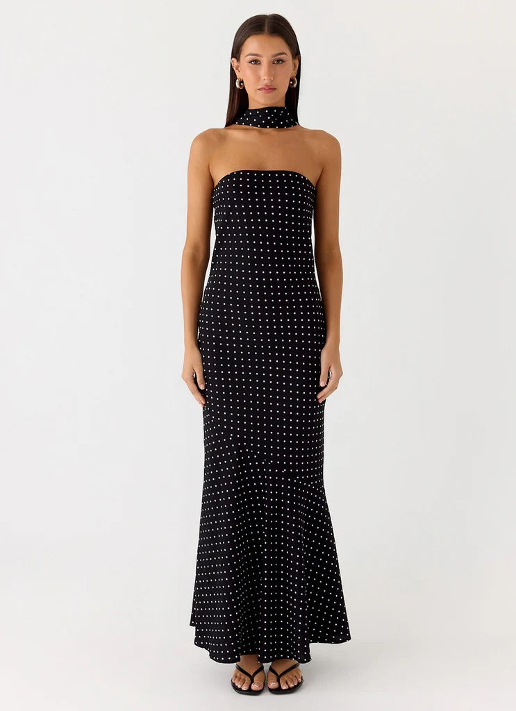 Prom Dress Black Strapless Polka Dot Maxi Dress With Choker Scarf Detail Open Back Formal Evening Party Gown