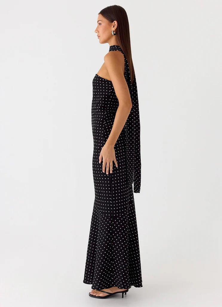 Prom Dress Black Strapless Polka Dot Maxi Dress With Choker Scarf Detail Open Back Formal Evening Party Gown