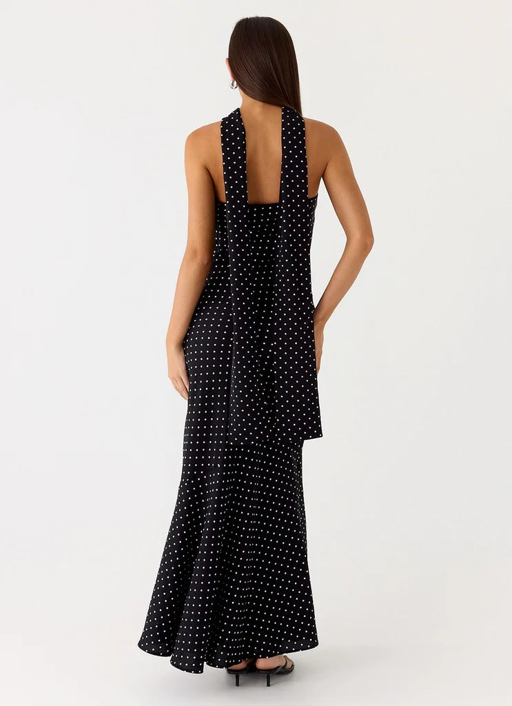 Prom Dress Black Strapless Polka Dot Maxi Dress With Choker Scarf Detail Open Back Formal Evening Party Gown