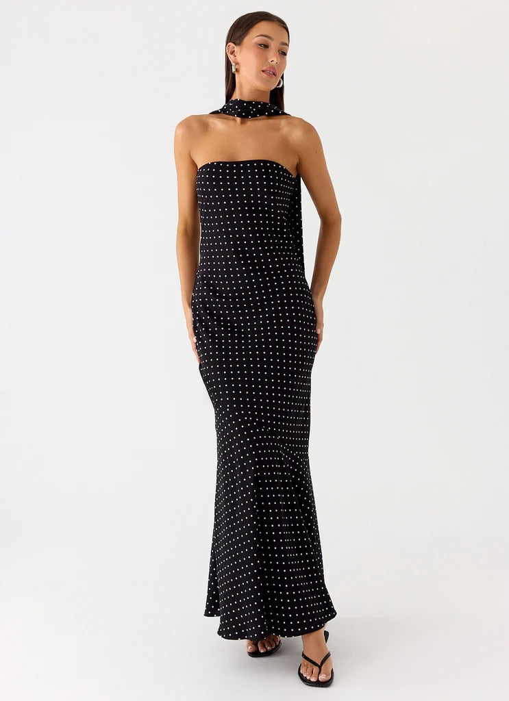 Prom Dress Black Strapless Polka Dot Maxi Dress With Choker Scarf Detail Open Back Formal Evening Party Gown