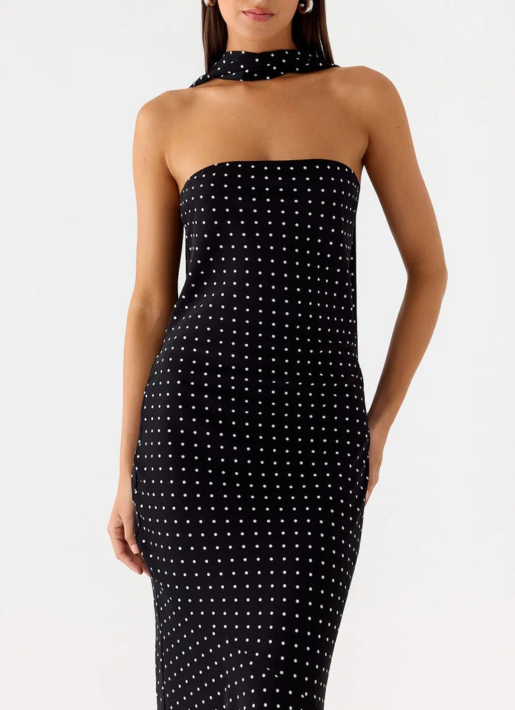 Prom Dress Black Strapless Polka Dot Maxi Dress With Choker Scarf Detail Open Back Formal Evening Party Gown