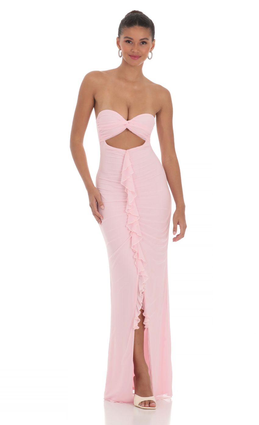 Prom Dress Blush Pink Strapless Maxi Dress With Sweetheart Neckline Cutout Waist Ruffle Slit Formal Evening Party Gown