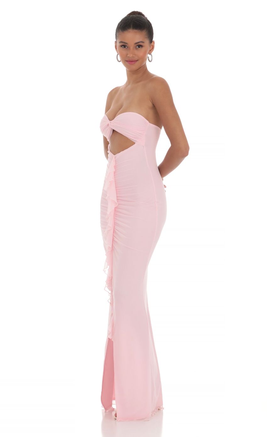 Prom Dress Blush Pink Strapless Maxi Dress With Sweetheart Neckline Cutout Waist Ruffle Slit Formal Evening Party Gown