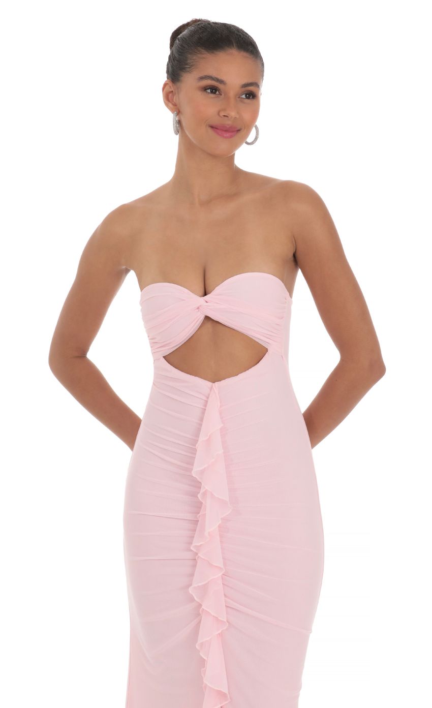 Prom Dress Blush Pink Strapless Maxi Dress With Sweetheart Neckline Cutout Waist Ruffle Slit Formal Evening Party Gown