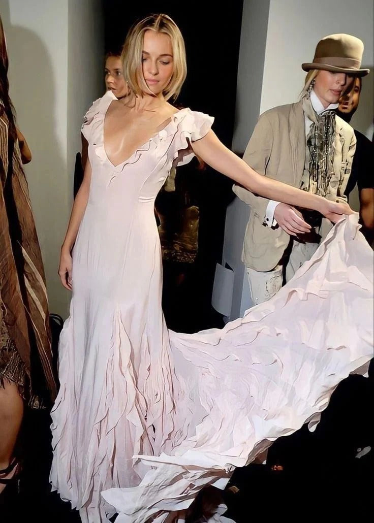 Prom Dress Blush V Neck Mermaid Maxi Dress With Ruffled Sleeves And Chiffon Skirt Formal Evening Party Gown