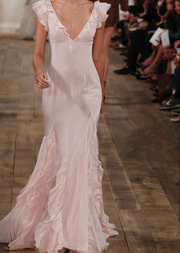 Prom Dress Blush V Neck Mermaid Maxi Dress With Ruffled Sleeves And Chiffon Skirt Formal Evening Party Gown