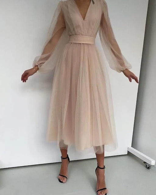 Prom Dress Blush V Neck Midi Tulle Dress With Long Sheer Sleeves And Waist Belt Formal Evening Party Gown
