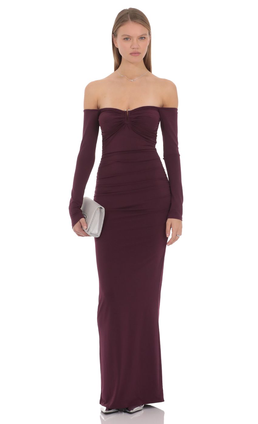 Prom Dress Burgundy Off Shoulder Long Sleeve Maxi Dress With Ruched Bodice Formal Evening Party Gown