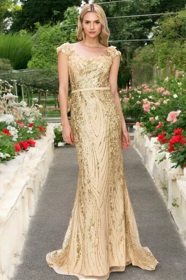 Prom Dress Champagne Cap Sleeve Mermaid Maxi Dress With Floral Applique Open Back Gold Sequin Formal Evening Party Gown