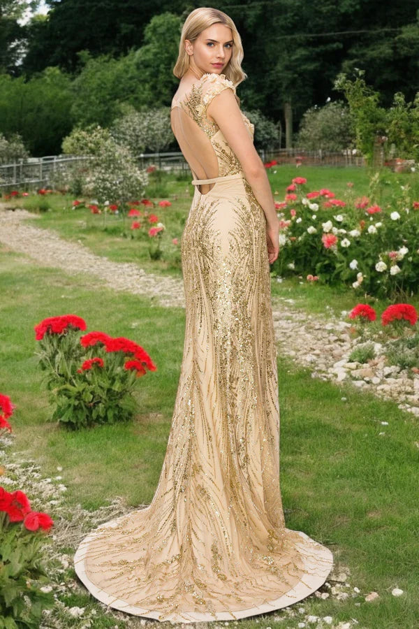 Prom Dress Champagne Cap Sleeve Mermaid Maxi Dress With Floral Applique Open Back Gold Sequin Formal Evening Party Gown