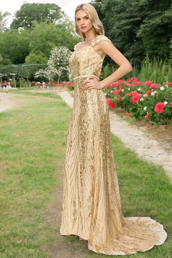 Prom Dress Champagne Cap Sleeve Mermaid Maxi Dress With Floral Applique Open Back Gold Sequin Formal Evening Party Gown
