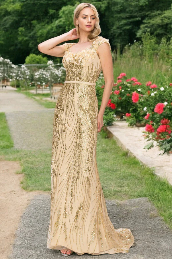 Prom Dress Champagne Cap Sleeve Mermaid Maxi Dress With Floral Applique Open Back Gold Sequin Formal Evening Party Gown