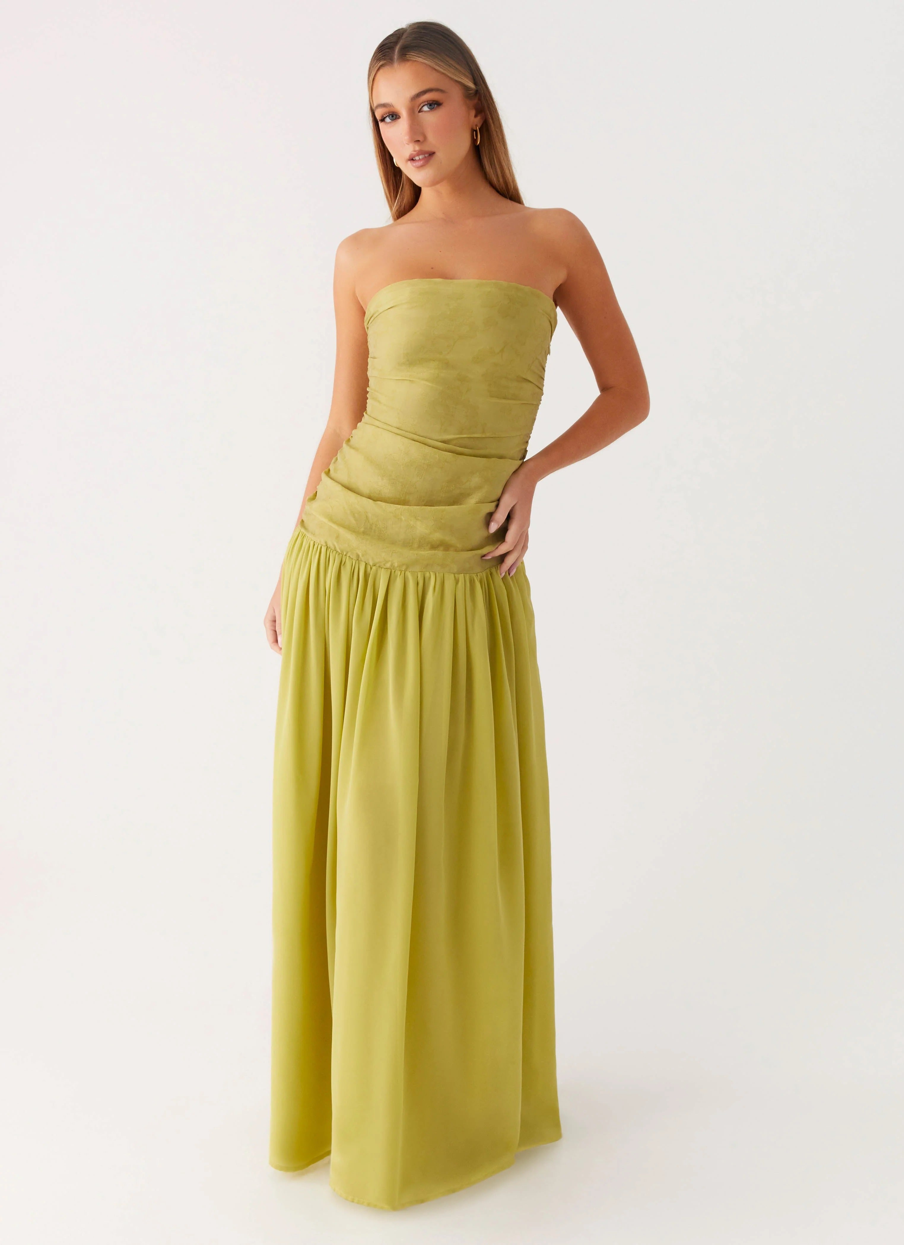 Prom Dress Chartreuse Strapless Maxi Dress With Ruched Bodice Drop Waist Flowy Skirt Formal Evening Party Gown
