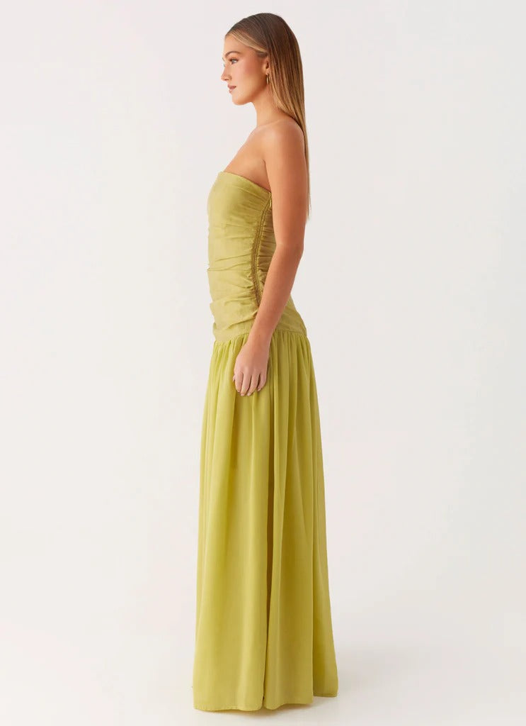 Prom Dress Chartreuse Strapless Maxi Dress With Ruched Bodice Drop Waist Flowy Skirt Formal Evening Party Gown