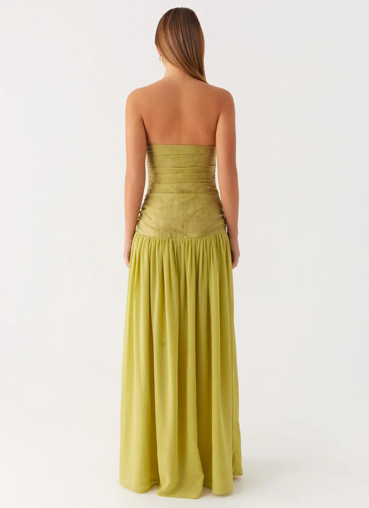 Prom Dress Chartreuse Strapless Maxi Dress With Ruched Bodice Drop Waist Flowy Skirt Formal Evening Party Gown