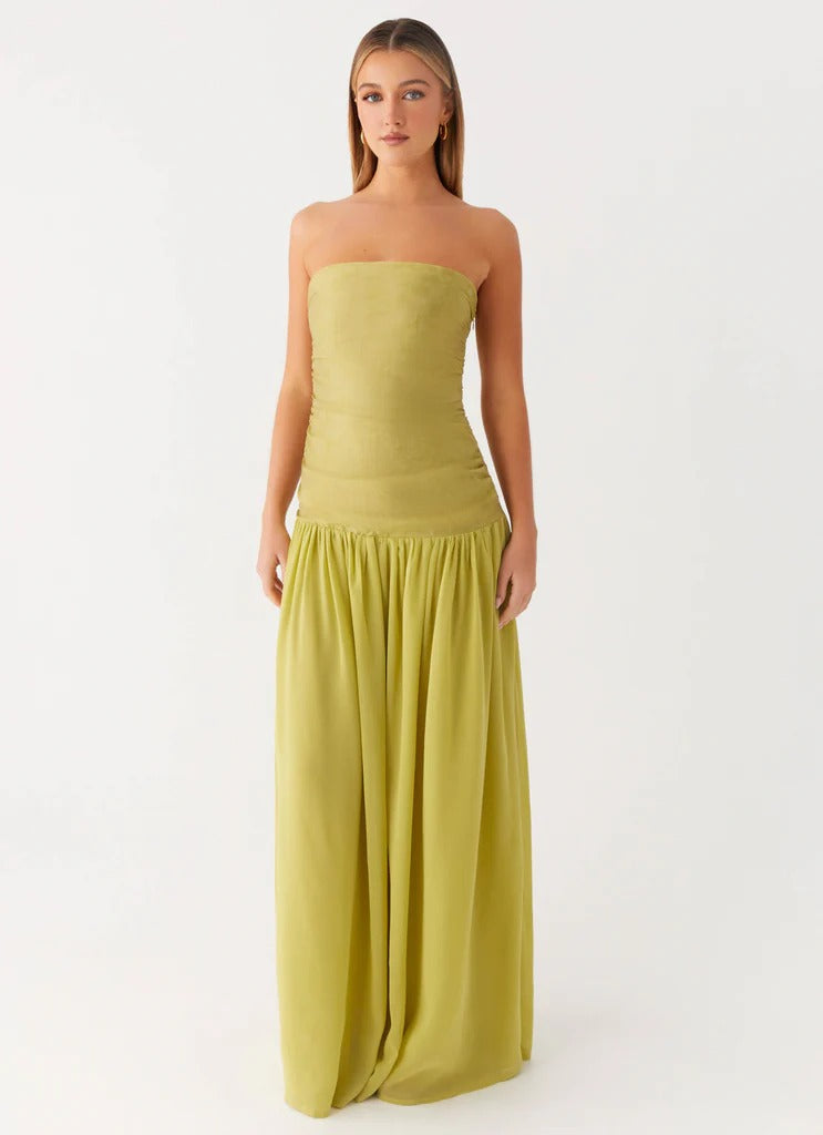 Prom Dress Chartreuse Strapless Maxi Dress With Ruched Bodice Drop Waist Flowy Skirt Formal Evening Party Gown