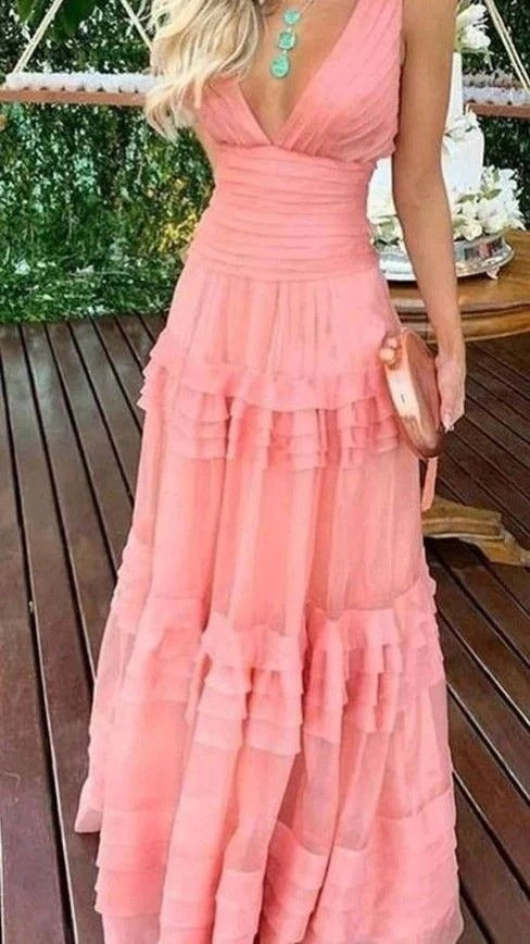 Prom Dress Coral Sleeveless Tiered Tulle Maxi Dress With Deep V Neck Formal Evening Party Gown