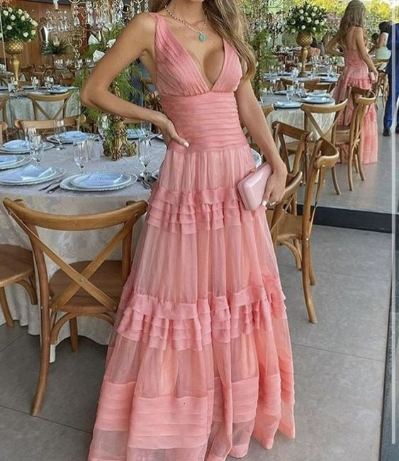 Prom Dress Coral Sleeveless Tiered Tulle Maxi Dress With Deep V Neck Formal Evening Party Gown