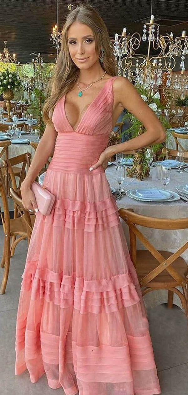 Prom Dress Coral Sleeveless Tiered Tulle Maxi Dress With Deep V Neck Formal Evening Party Gown