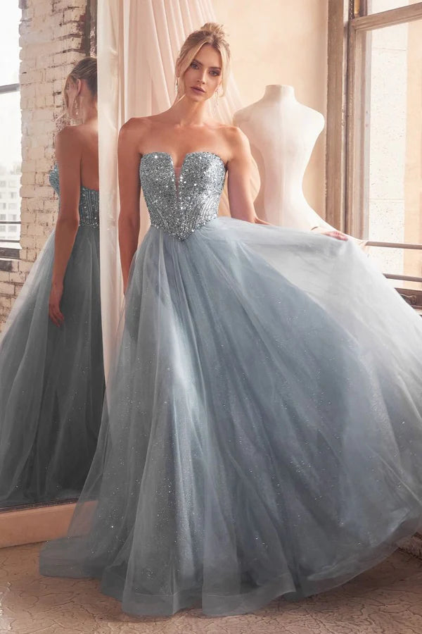 Prom Dress Dusty Blue Strapless Ball Gown With Sequin Corset Bodice Lace Up Back Tulle Skirt Formal Evening Party Gown