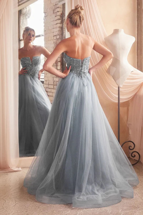 Prom Dress Dusty Blue Strapless Ball Gown With Sequin Corset Bodice Lace Up Back Tulle Skirt Formal Evening Party Gown