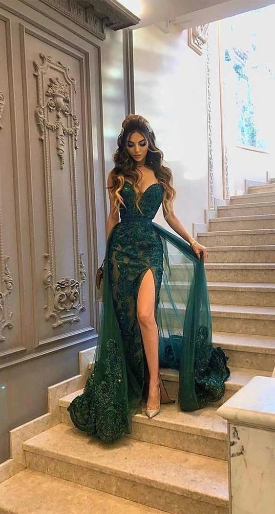 Prom Dress Emerald Sweetheart Mermaid Maxi Dress With Beaded Appliques And Tulle Overskirt Formal Evening Party Gown